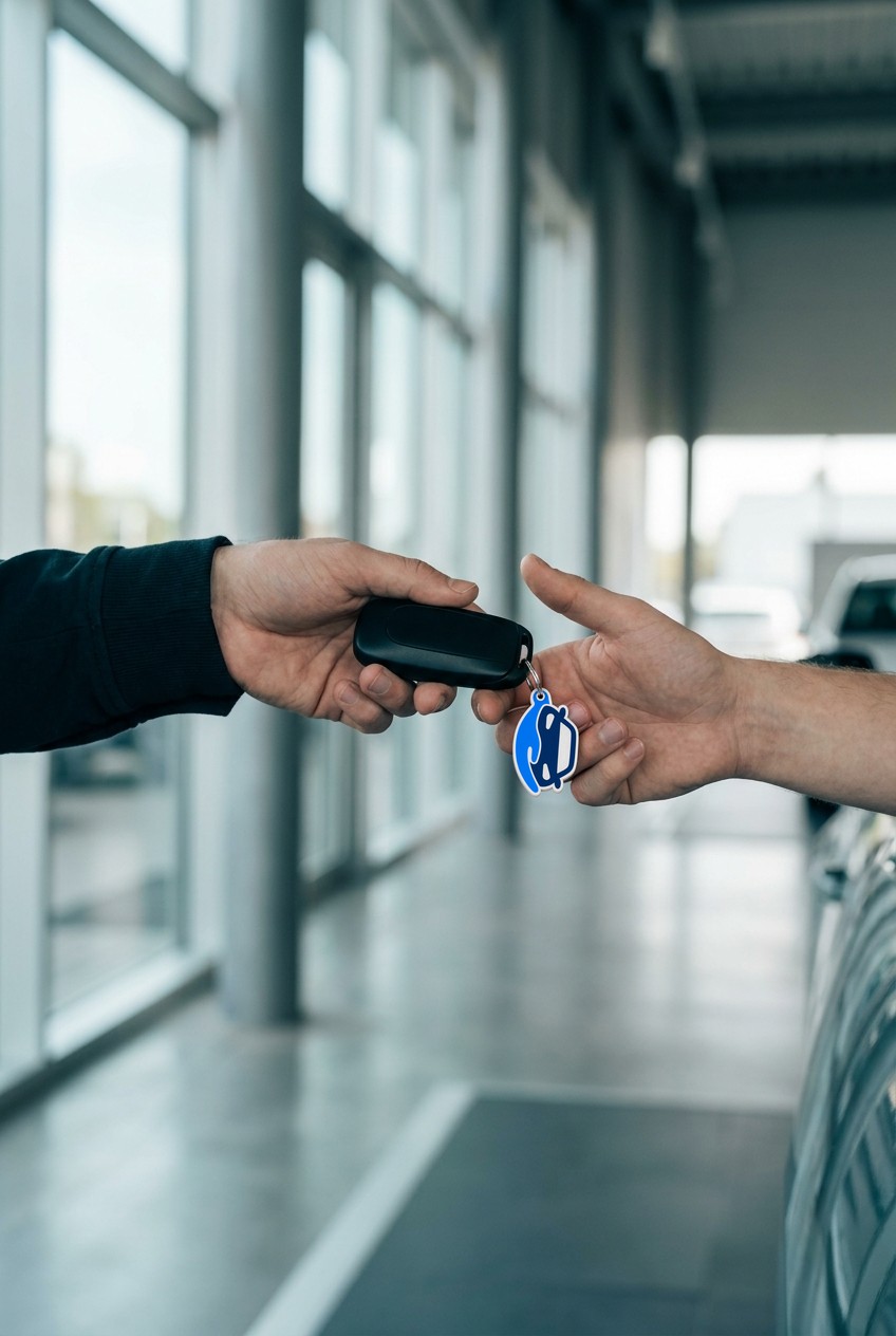 Duas mãos entregando a chave do carro com o chaveiro Entrega Auto